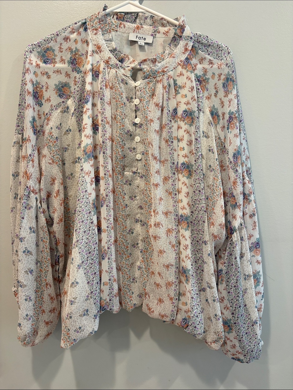 Fate Cream Floral Peasant Blouse with Blue and Purple Accents ptp 21 length 23